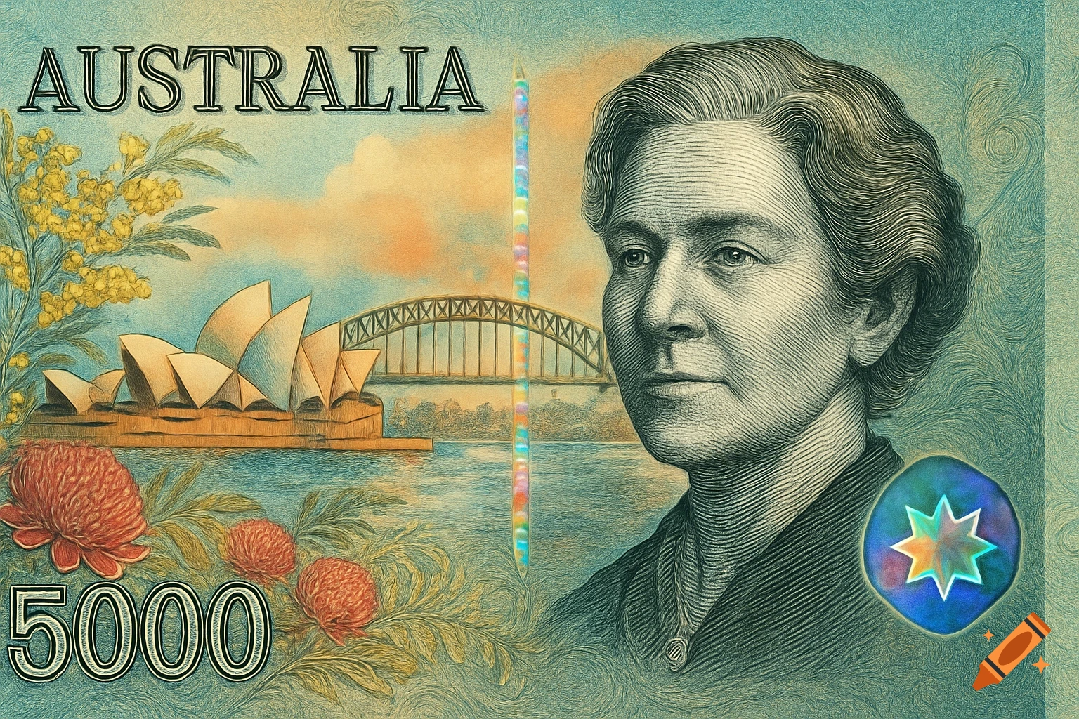 Vintage-style Australian 5000 dollar banknote with a portrait, Sydney Opera House, Harbour Bridge, and native flowers.