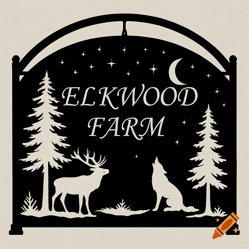 A black silhouette farm entrance sign for Elkwood Farm featuring a deer, howling wolf, trees, moon, and stars.