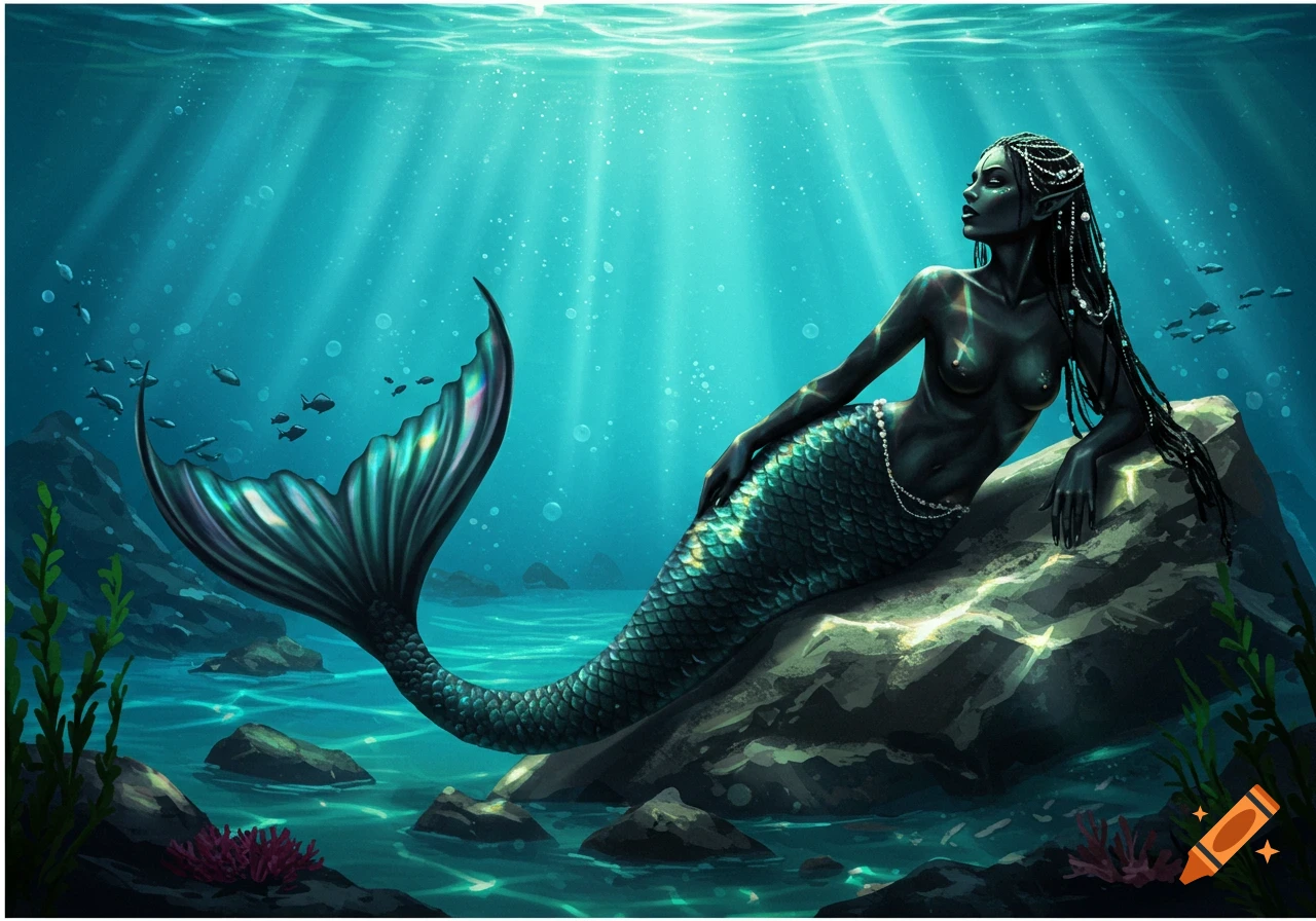 Dark-skinned mermaid with dark teal tail reclines on a rock in an underwater scene with sun rays.