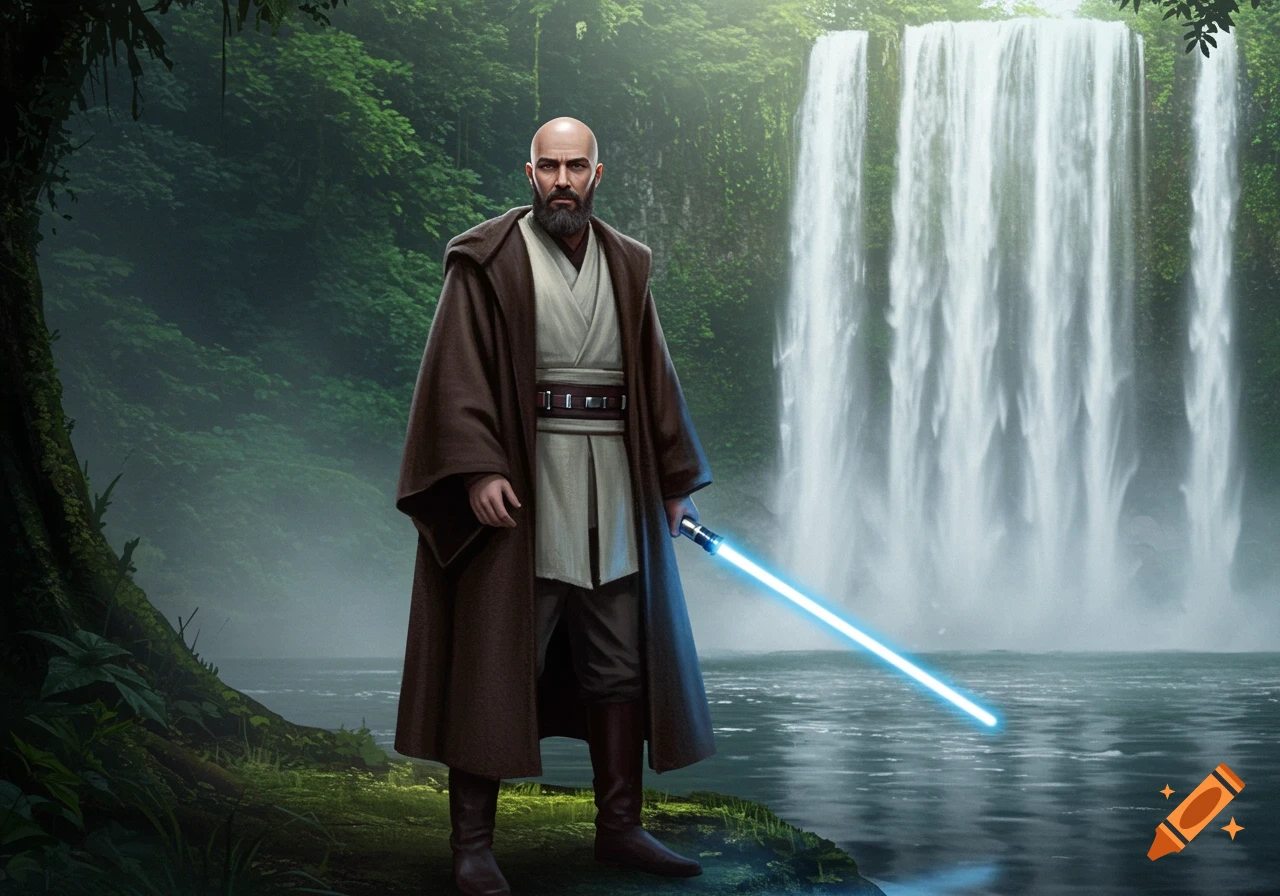A bald Jedi Master with a beard in brown robes stands with a glowing blue lightsaber next to a waterfall in a lush forest.
