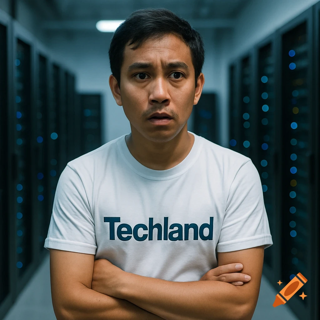 Photorealistic image of an anxious Burmese data analyst in a white Techland t-shirt, arms crossed, in a cool server room.