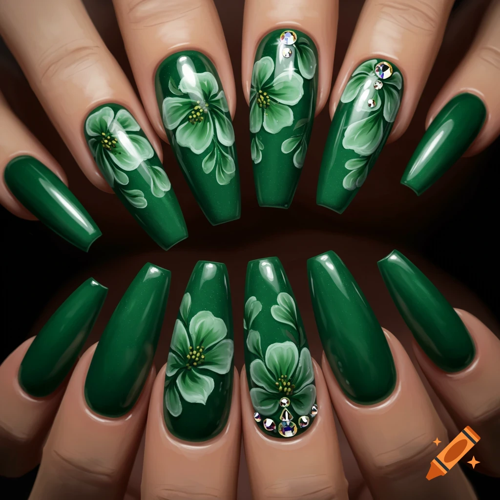 Close-up of hands with emerald green coffin-shaped nails featuring white floral designs and small rhinestones.