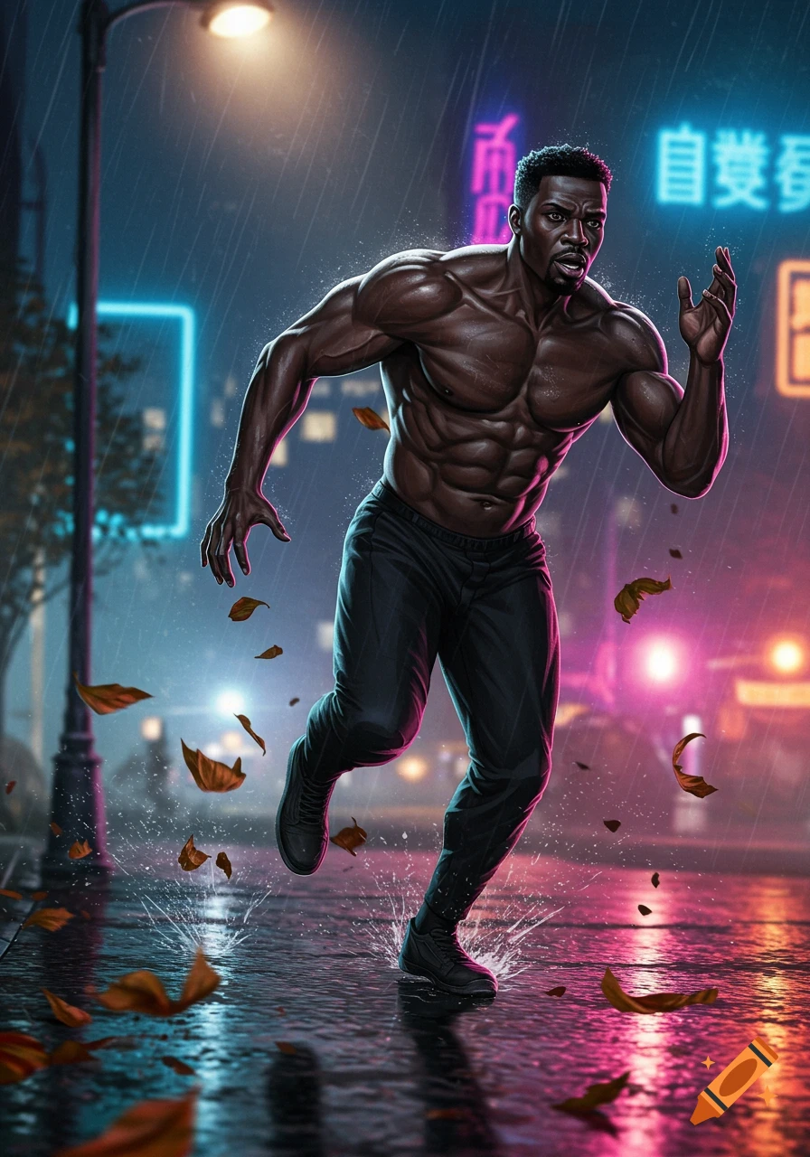 A muscular Black man, shirtless and in dark pants, runs through a rainy city street at night, with neon signs in the background.