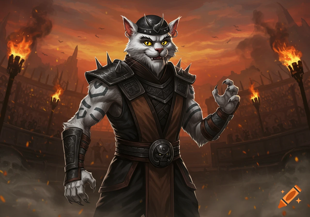 A fierce white anthropomorphic cat warrior in spiked armor and helmet stands in a fiery arena under an orange sky, one hand raised with claws.