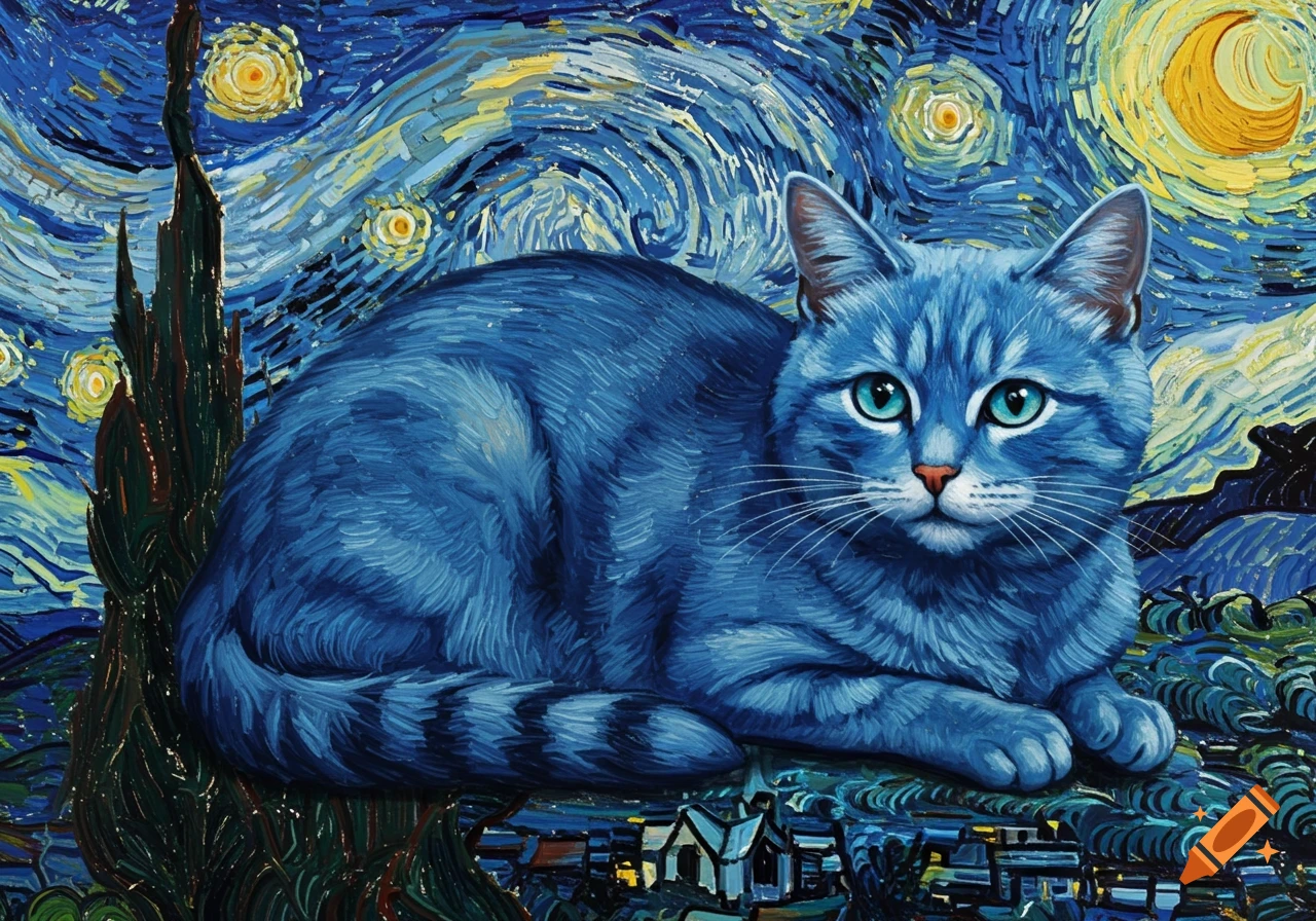 A blue cat with bright eyes in the swirling, starry sky style of Vincent van Gogh.