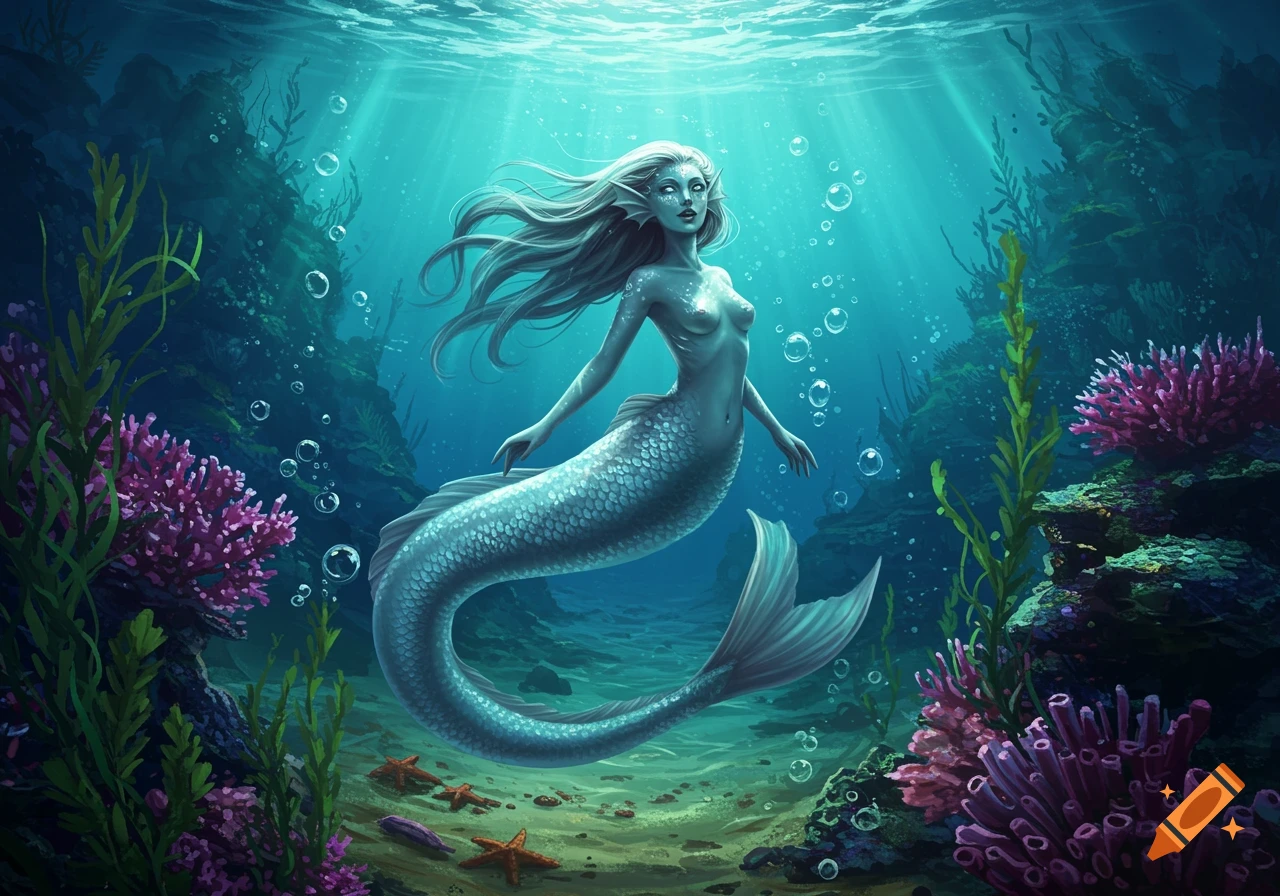 A mythical mermaid with long flowing hair and a scaly tail swims gracefully in a brightly lit underwater scene with colorful coral and seaweed.