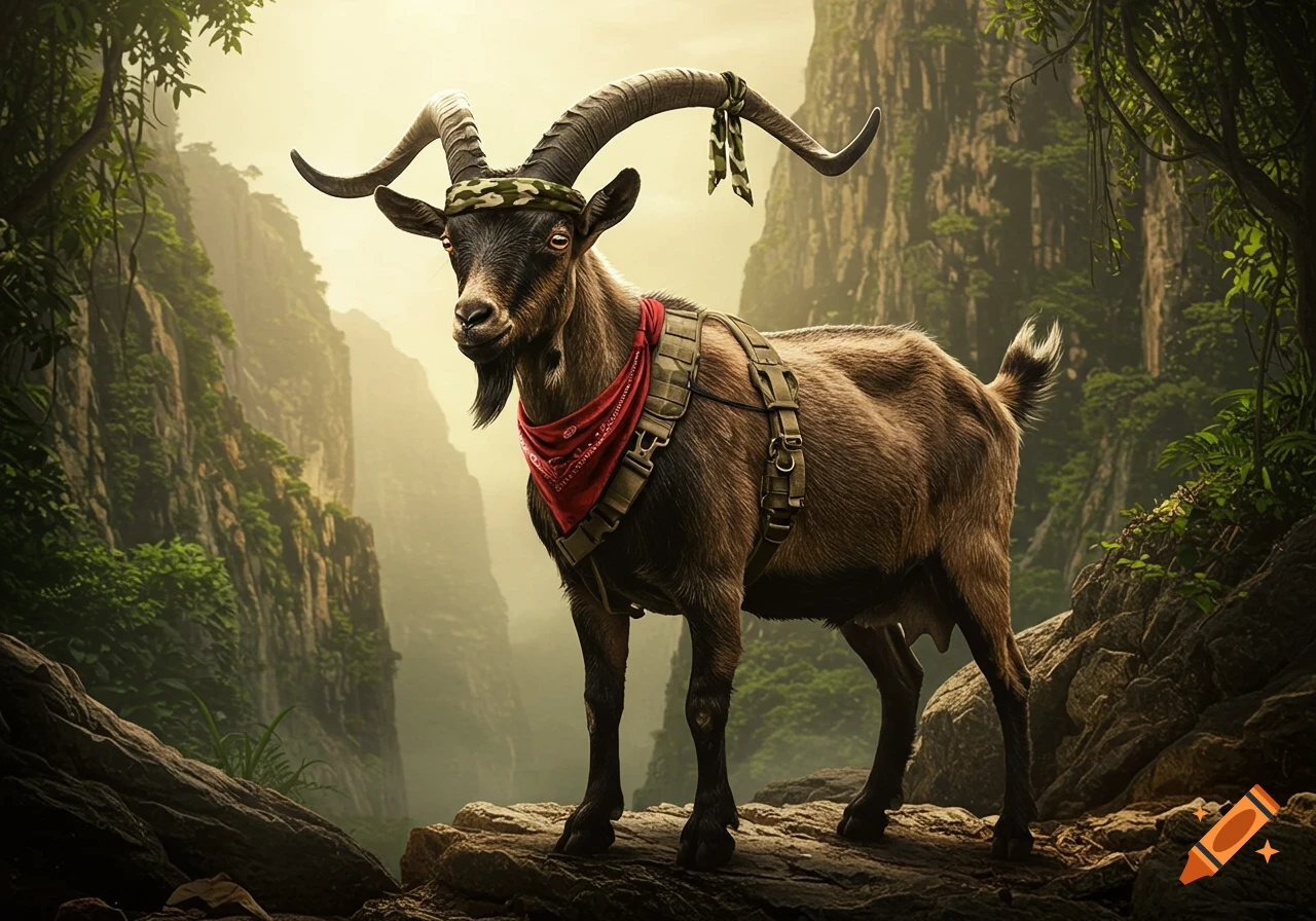 A muscular goat wearing a red bandana and military-style harness stands on a rocky path in a lush, misty jungle canyon.