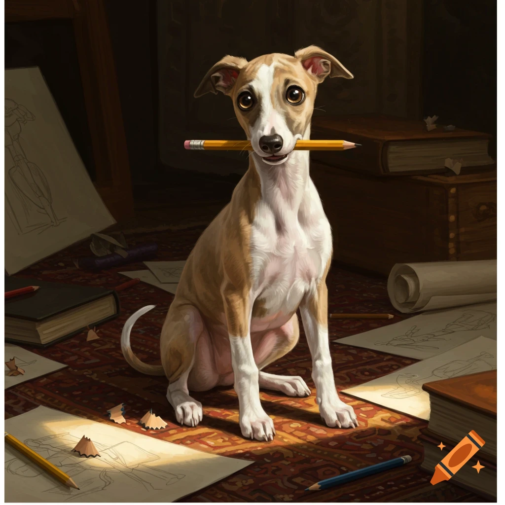 A cute whippet puppy sits on a patterned rug, holding a yellow pencil in its mouth amidst scattered art papers and books. Painted style.