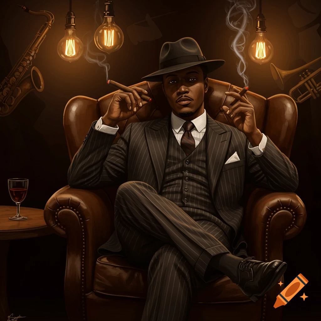 A man in a pinstripe suit and fedora sits in a leather armchair, smoking two cigars. Vintage lightbulbs, a saxophone, and a trumpet are in the background.
