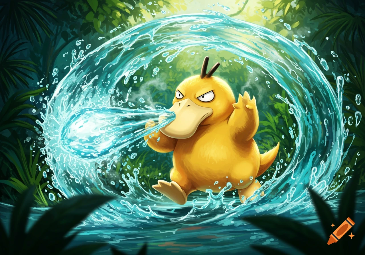 A determined Psyduck from Pok rn unleashes a powerful water gun attack, surrounded by swirling water in a lush jungle.