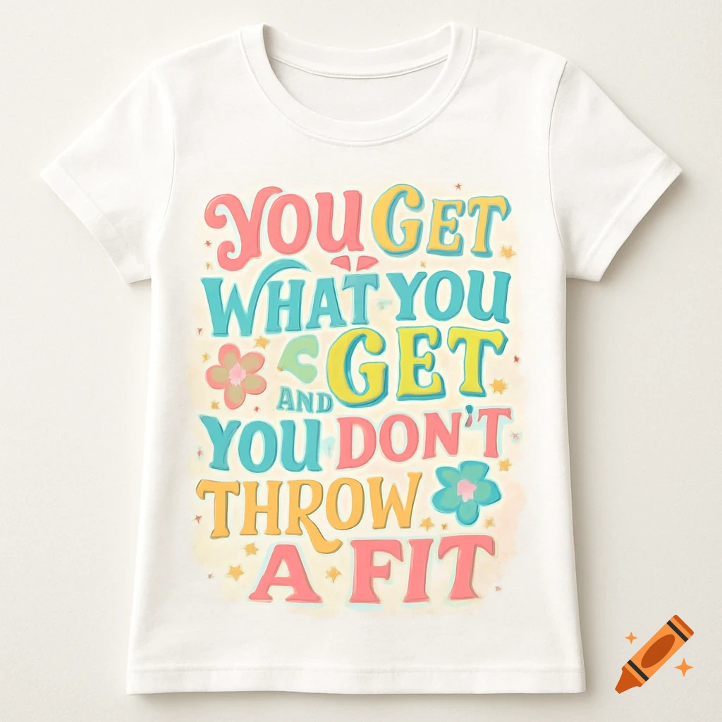 A white t-shirt with colorful, stylized text that reads 'You Get What You Get and You Don't Throw A Fit', surrounded by small flowers and stars.