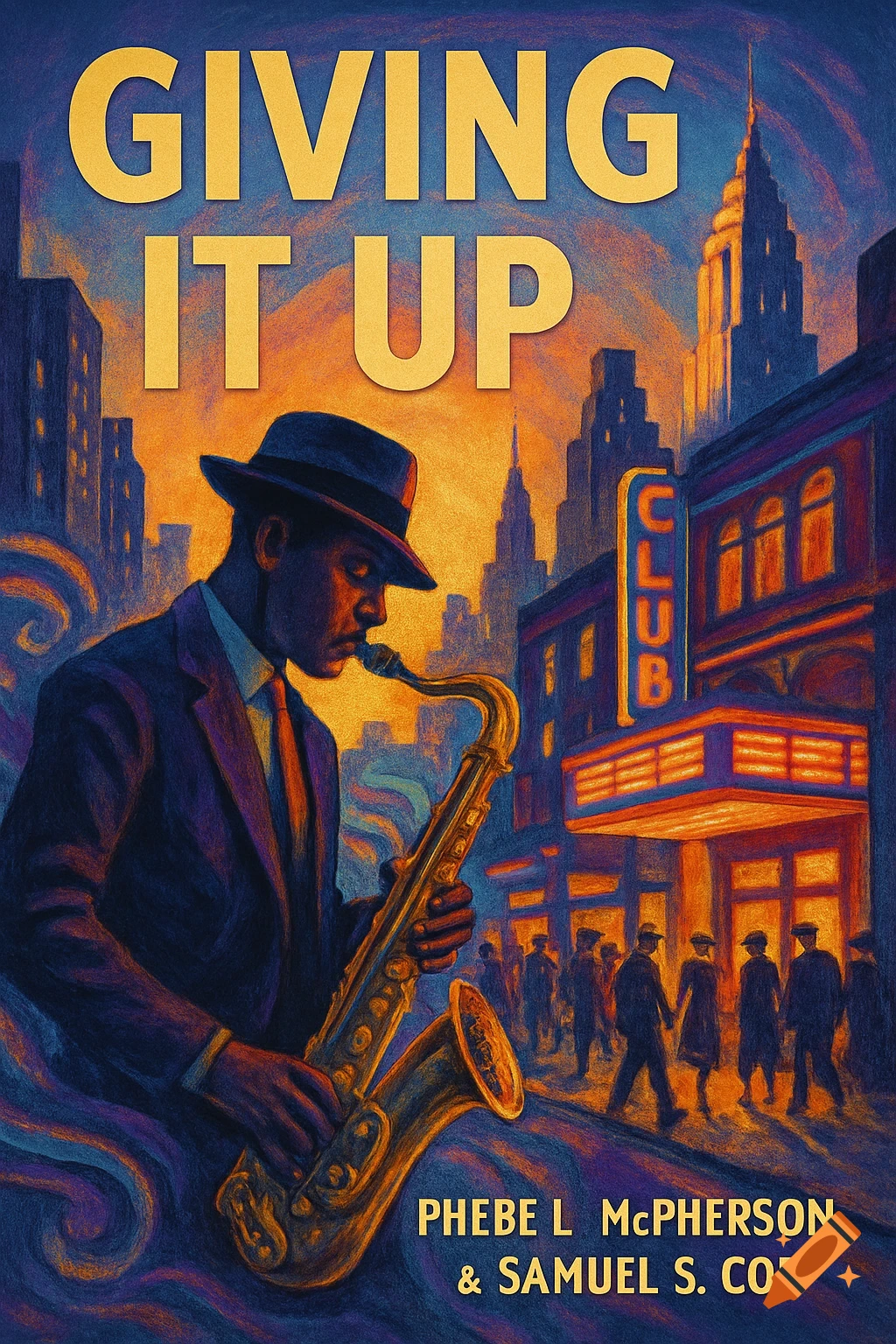 Artistic book cover for "Giving It Up" showing a man playing saxophone on a dimly lit city street with a club, in a painterly style.