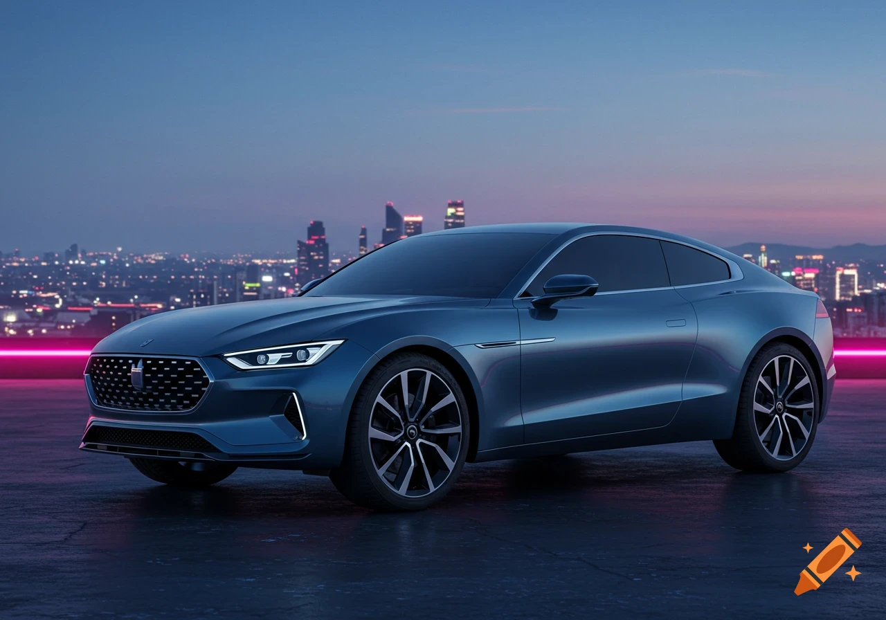 A sleek, dark blue concept coupe car is parked on a dark surface against a blurred cityscape with pink neon lights at dusk.