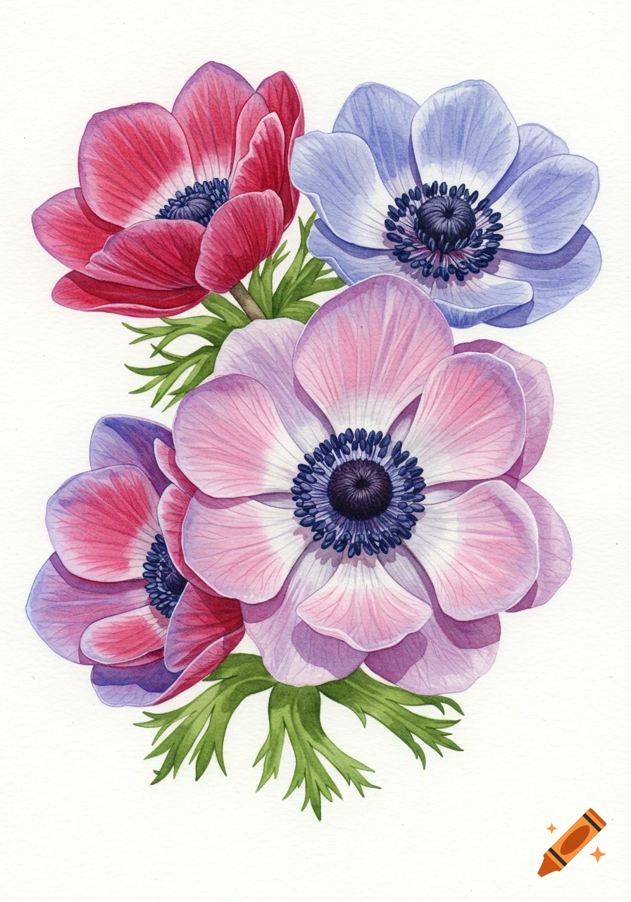 A vibrant watercolor painting of red, purple, and pink anemone flowers with green leaves on a white background.