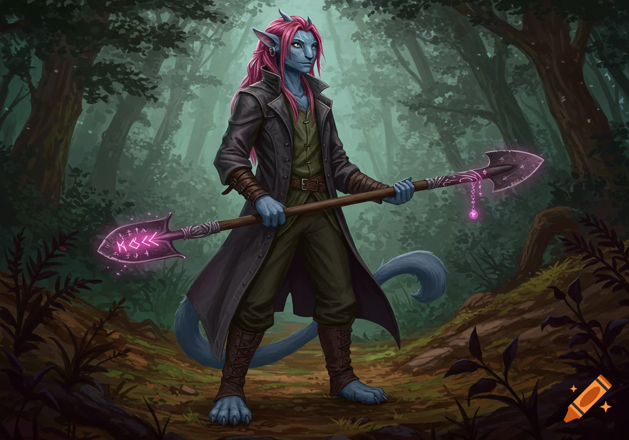 A blue-gray firbolg with pink hair and horns stands in a misty forest, holding a glowing magical shovel. Digital painting.