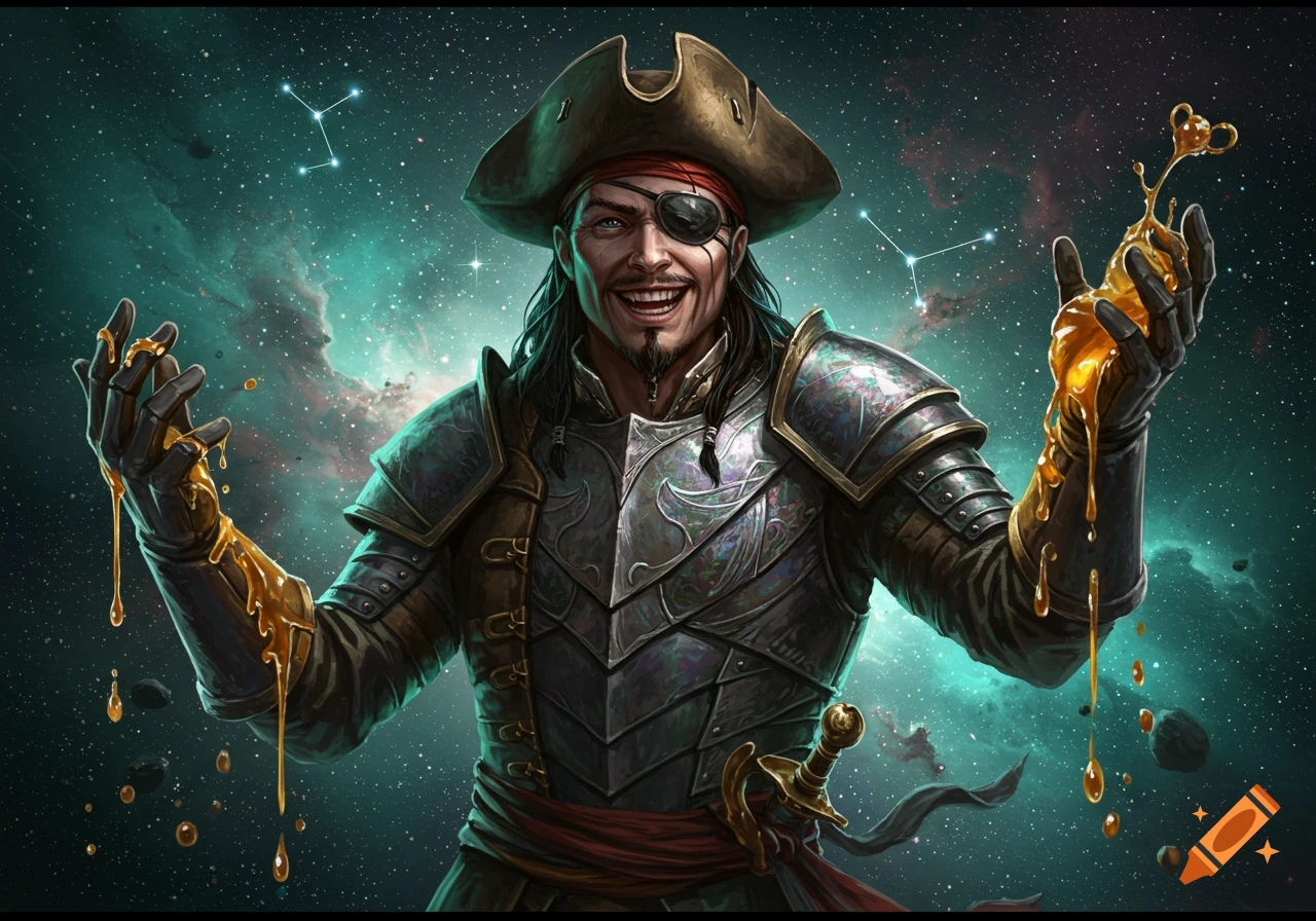 A smiling pirate in armor with an eyepatch and a hat, hands dripping with golden honey, against a starry space background with nebulae.