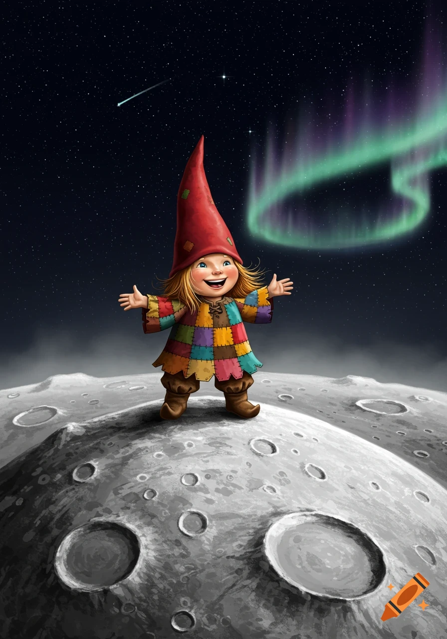 A joyful gnome child in a patchwork coat and red hat stands on the moon, looking at a green aurora and shooting star.