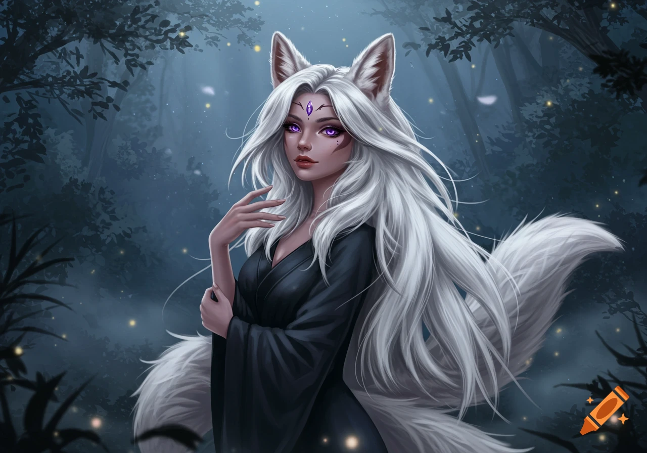 A white-haired foxkin woman with purple eyes and a forehead gem, wearing a dark robe, in a mystical forest.