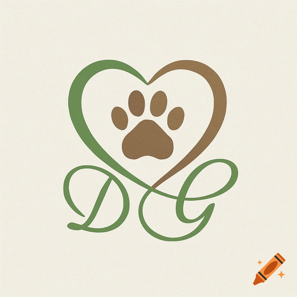 Logo featuring a brown paw print inside a heart, with green and brown stylized letters D and G below it.