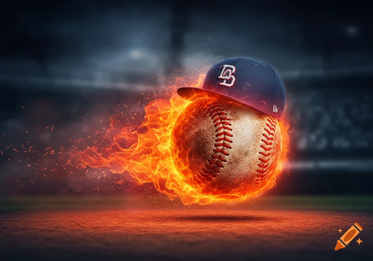 A photorealistic baseball engulfed in orange flames, wearing a blue baseball cap, floats above a dark baseball field.