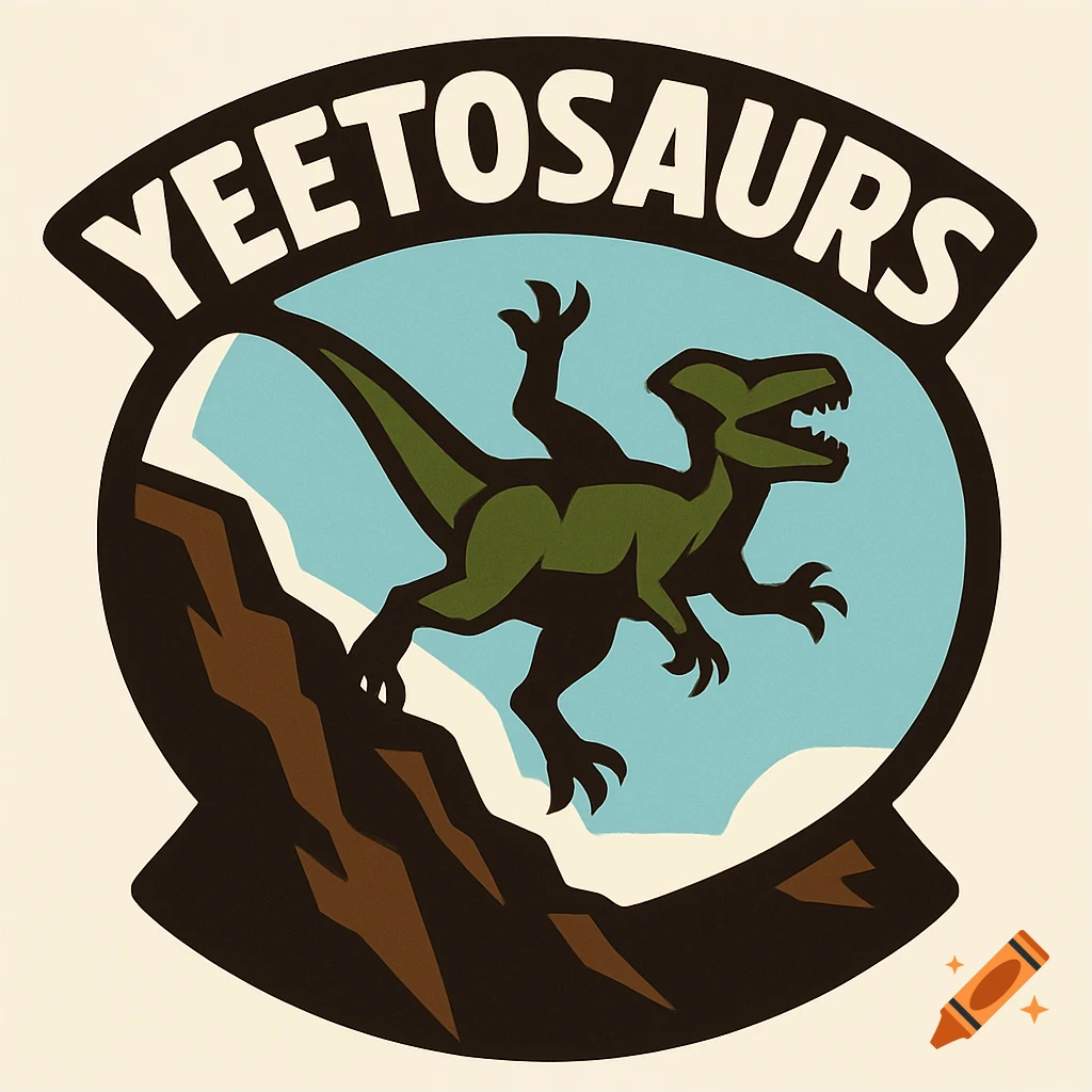 A stylized green dinosaur emblem featuring the text "YEETOSAURS" above a raptor-like creature on a brown cliff against a blue sky.