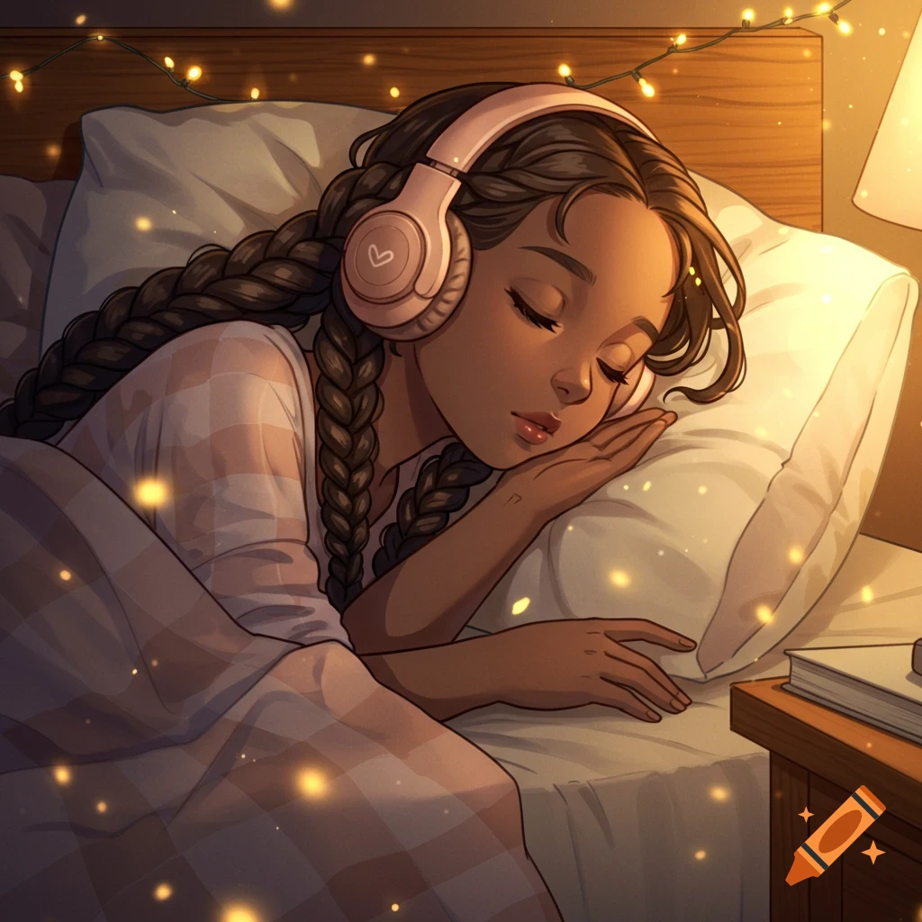 Anime illustration of a young girl with braids and headphones sleeping peacefully in a bed with warm string lights.