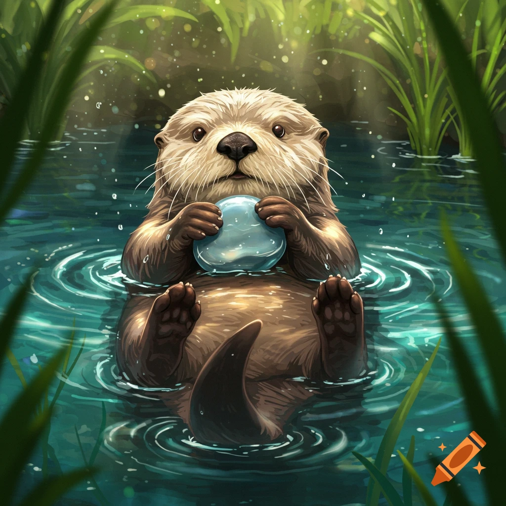 Illustrative image of a cute river otter floating on its back in green water, holding a translucent blue orb.