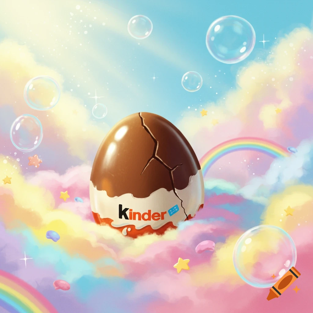 A large Kinder chocolate egg floats on colorful pastel clouds with bubbles, stars, and rainbows in a whimsical illustration.
