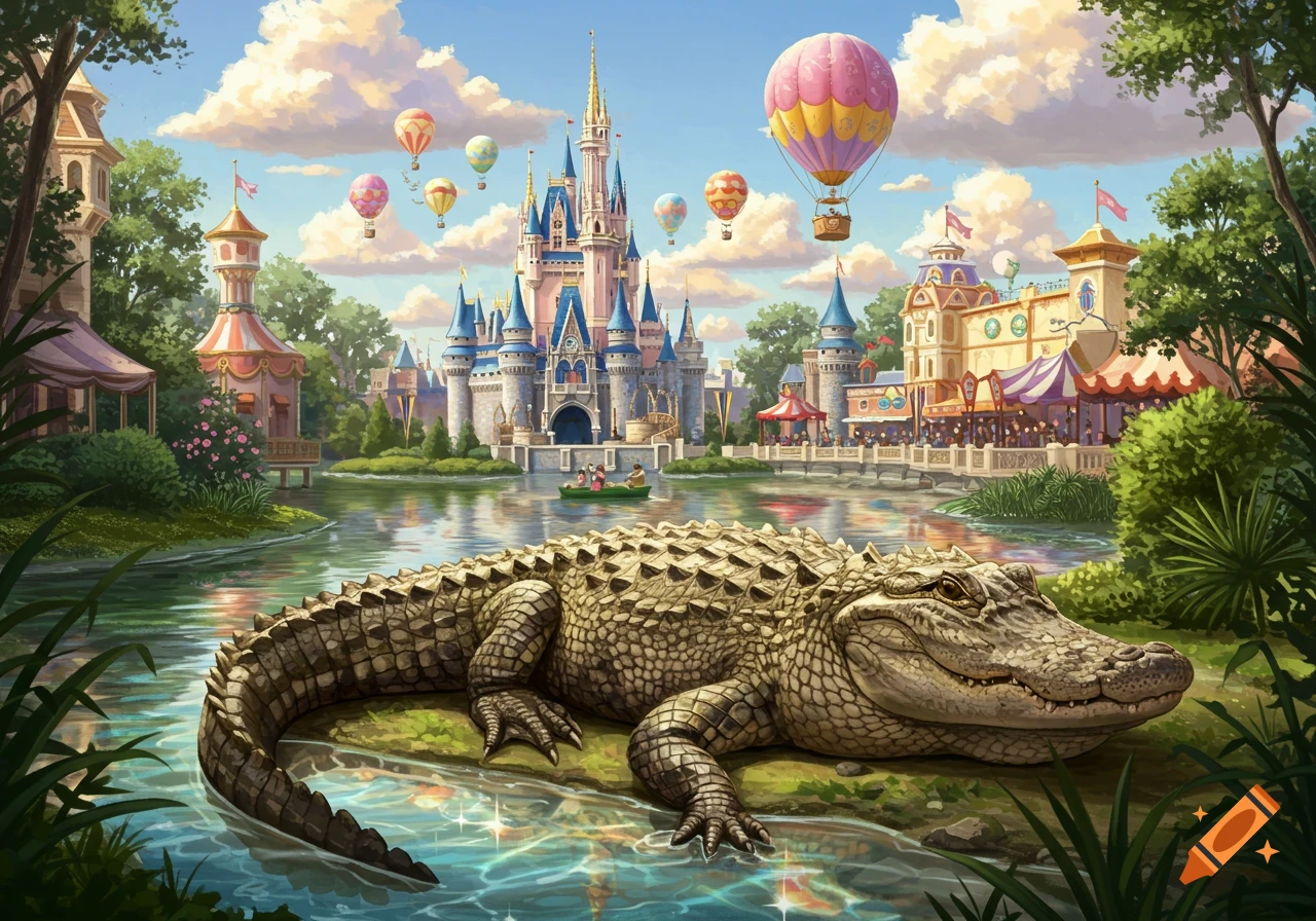 A large alligator rests by a reflective lake in front of a colorful, fairytale castle with hot air balloons floating above.