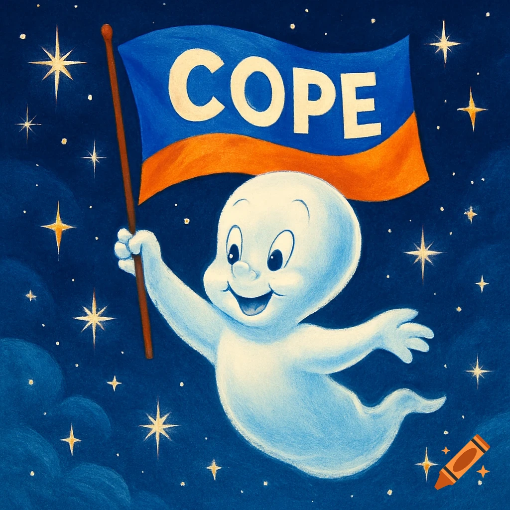 Casper the friendly ghost flying against a starry night sky, holding a blue and orange flag with the word 'COPE' on it, in a classic cartoon style.