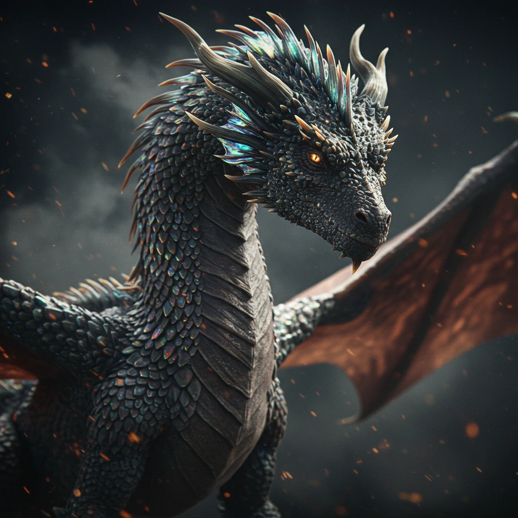hyperrealistic dragon with iridescent scales and cinematic lighting against dark background