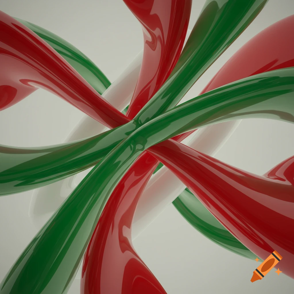 Intertwined glossy red, green, and white tubular shapes.