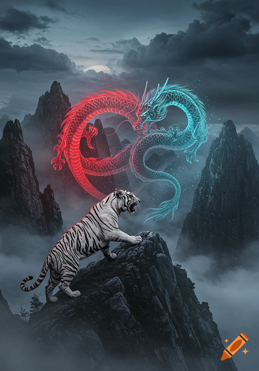 A white tiger on a mountain peak confronts two glowing, intertwined red and blue Chinese dragons under a misty, cloudy sky.
