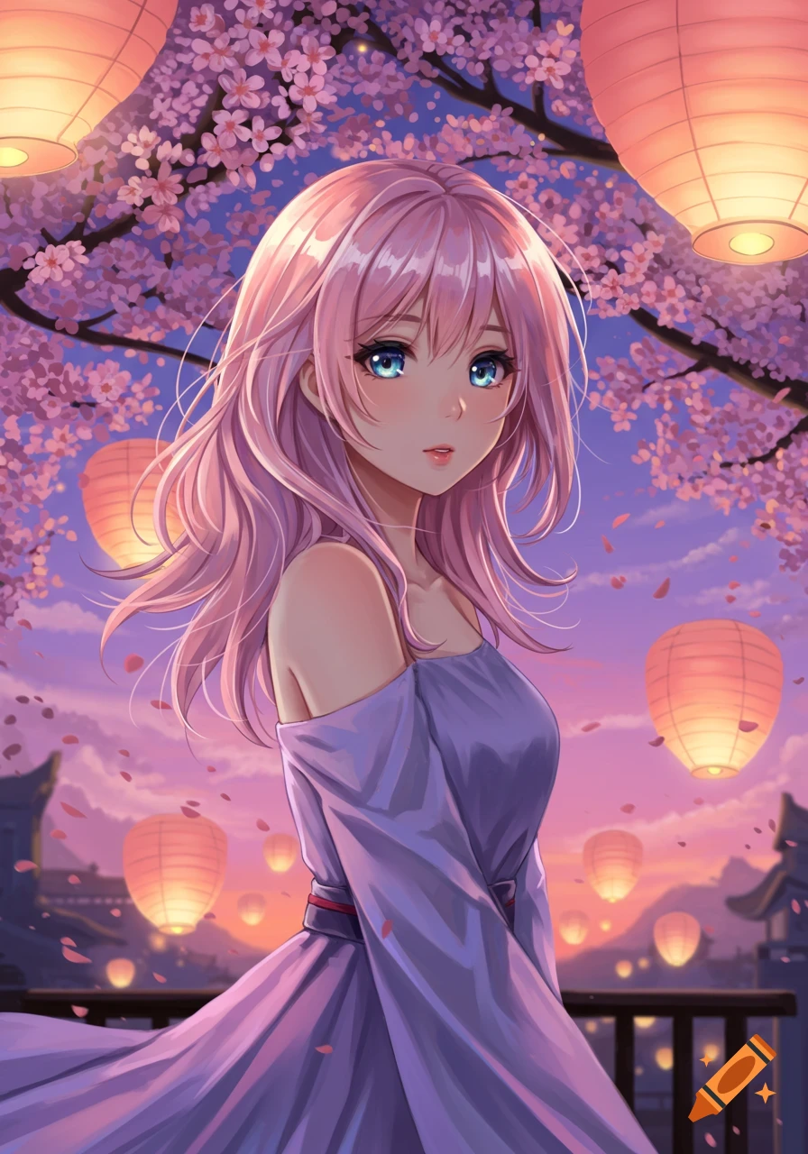 Anime girl with pink hair and blue eyes in a purple dress under cherry blossom trees with lanterns at dusk.