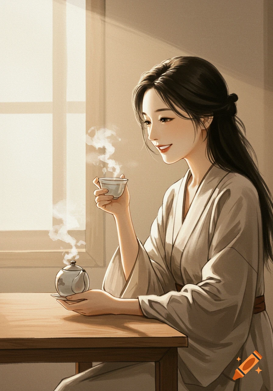 An ink wash illustration of a smiling woman in a robe, sitting at a table and drinking tea.