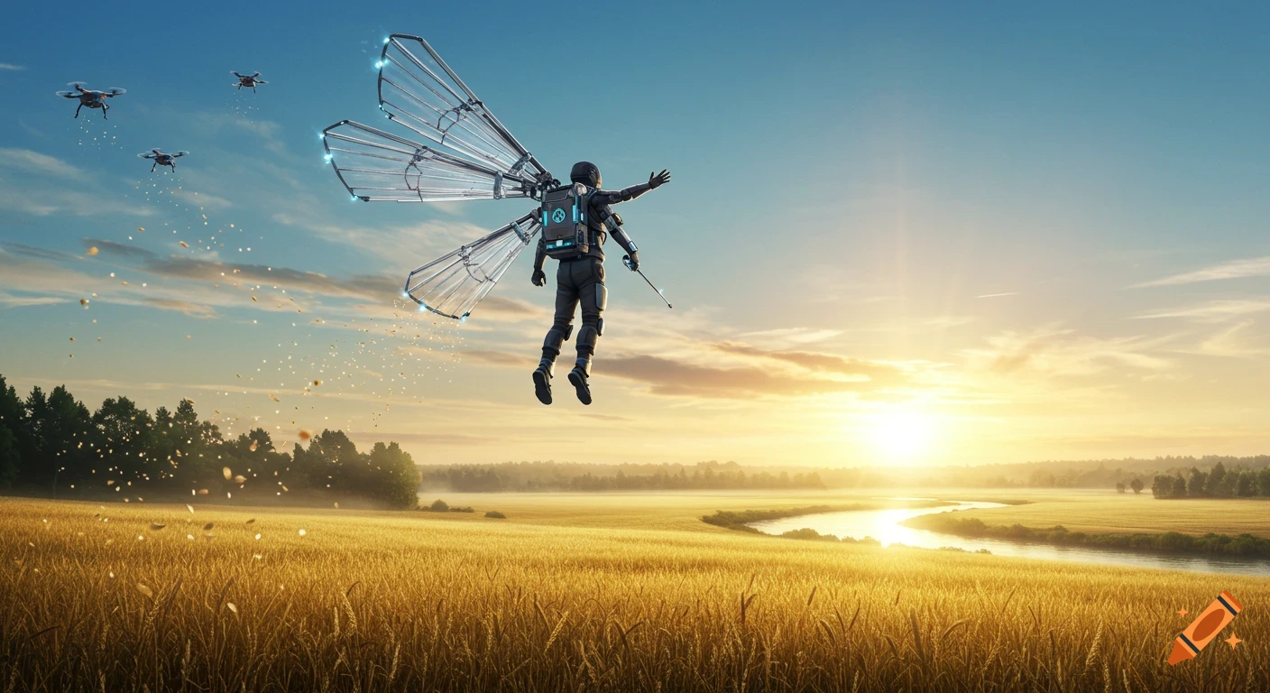 A person with mechanical wings and a futuristic suit flies over a golden wheat field, sowing seeds, with drones and a river at sunset.