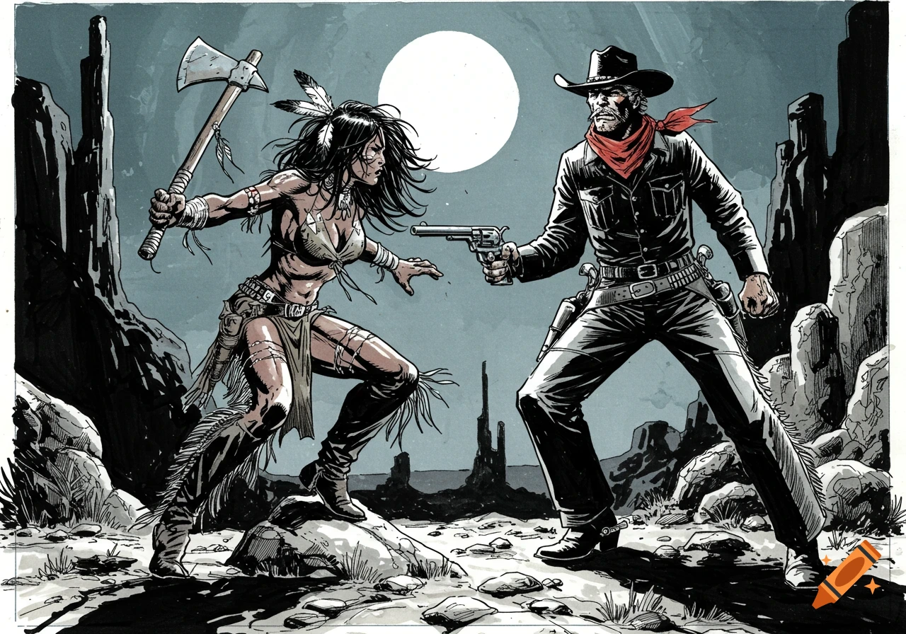 A comic book style illustration of an Indigenous woman with an axe confronting a cowboy with a gun under a full moon in a desert landscape.