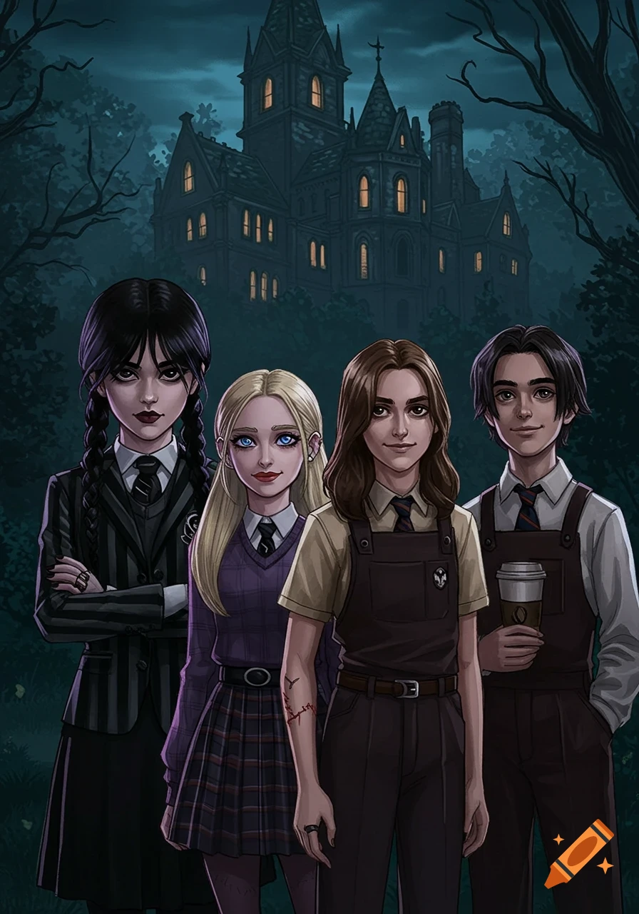 Cartoon characters, including Wednesday Addams, Enid Sinclair, Xavier Thorpe, and Tyler Galpin, standing before a gothic castle.