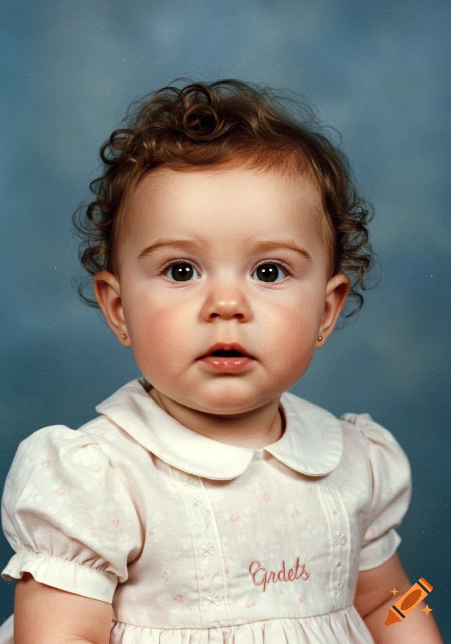 Close-up portrait of a baby girl with curly brown hair and brown eyes, wearing a floral dress with a Peter Pan collar, against a blue background.