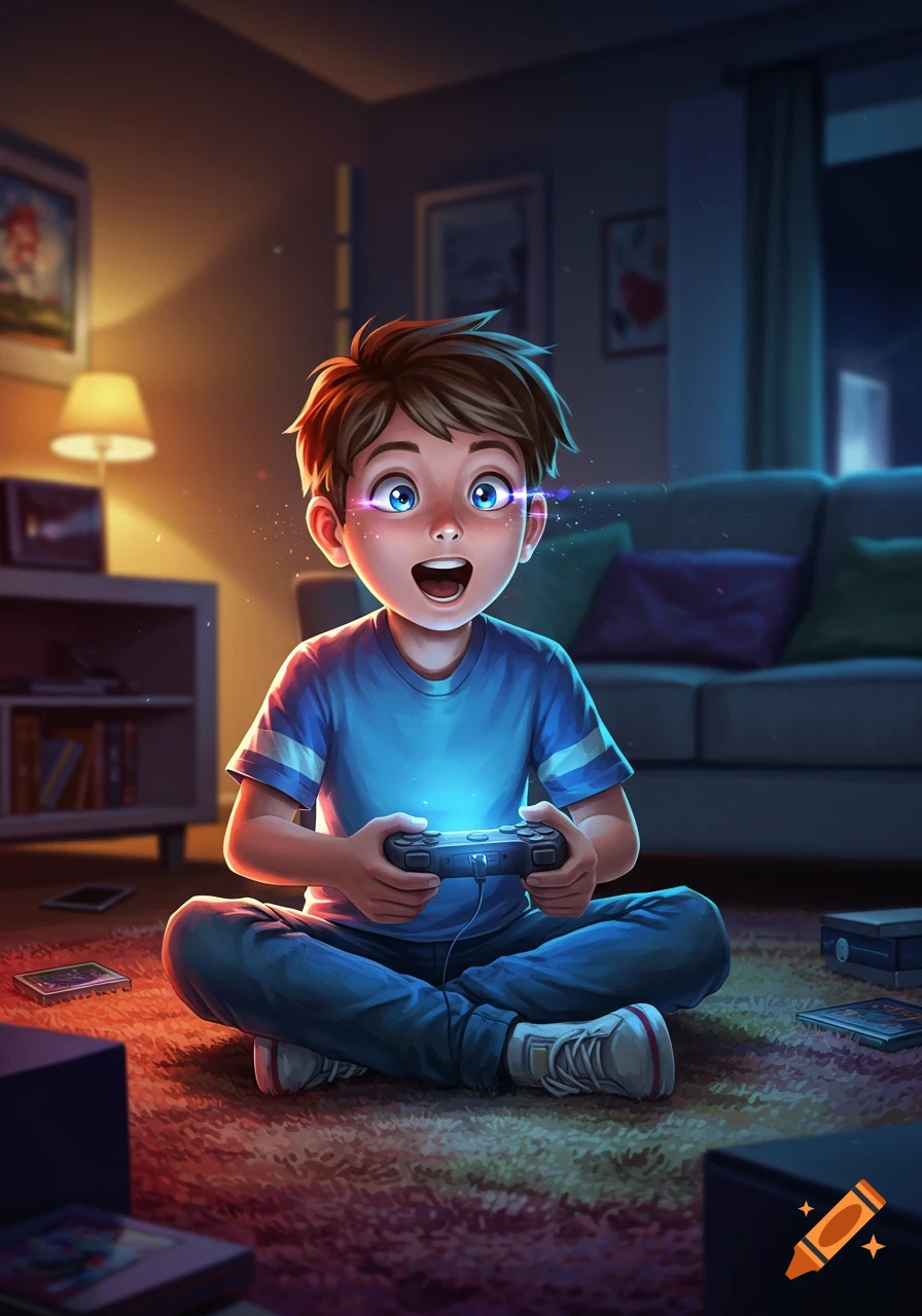 A young boy with glowing eyes sits on a rug, intensely playing a video game with a glowing controller in a dimly lit room.