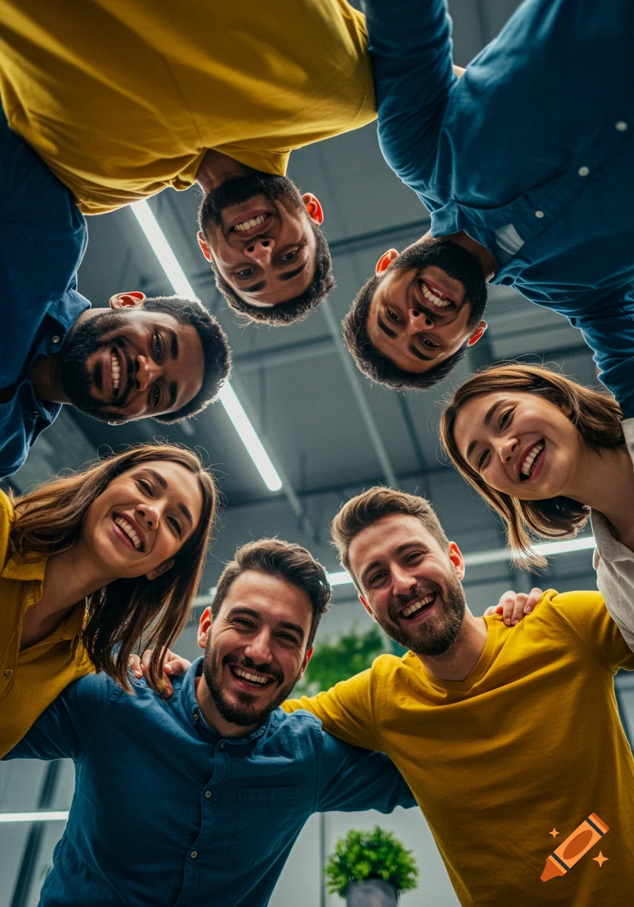 Six diverse, smiling people huddle together, looking down at the camera, in a photorealistic style.