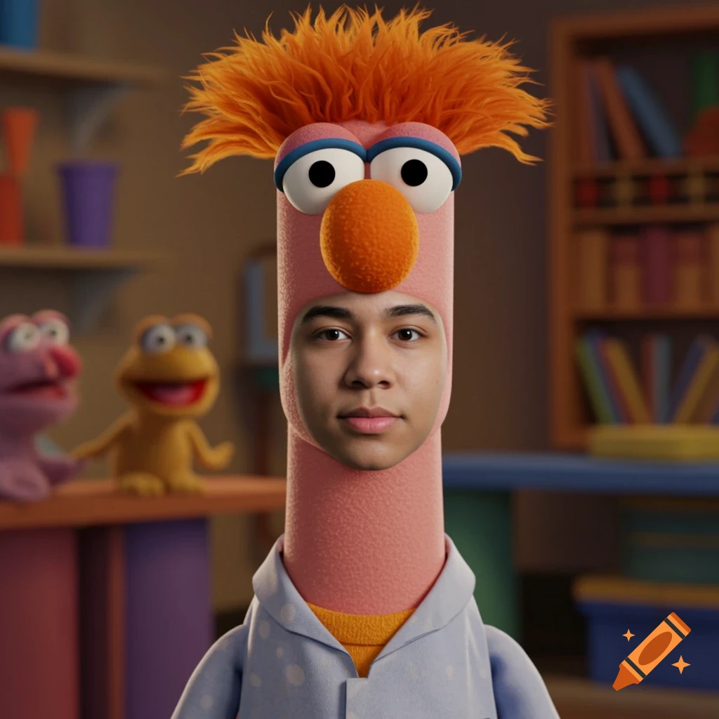Photorealistic portrait of a person's face on Beaker from The Muppets, with blurred puppets in the background.