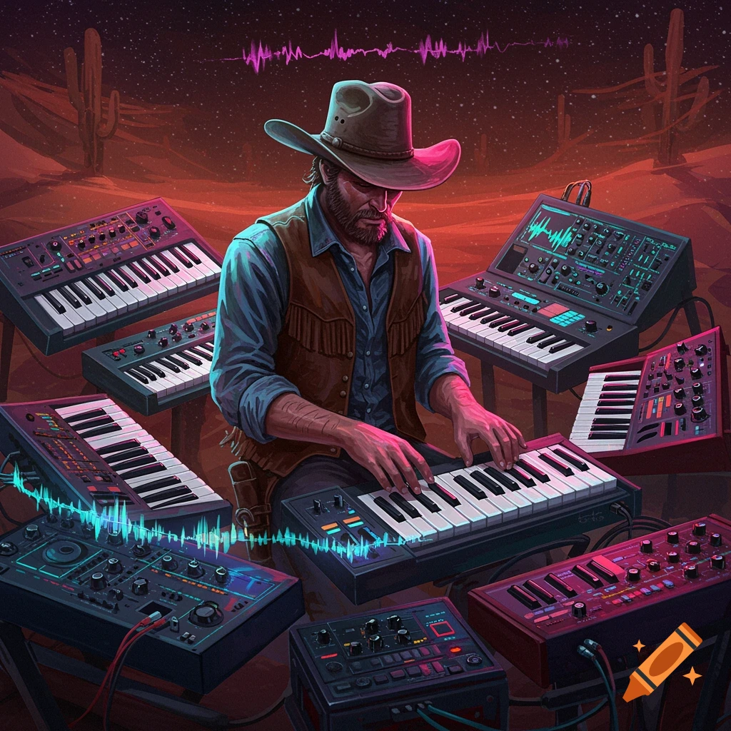 A cowboy plays multiple glowing synthesizers in a desert landscape under a starry sky with a futuristic, vibrant glow.