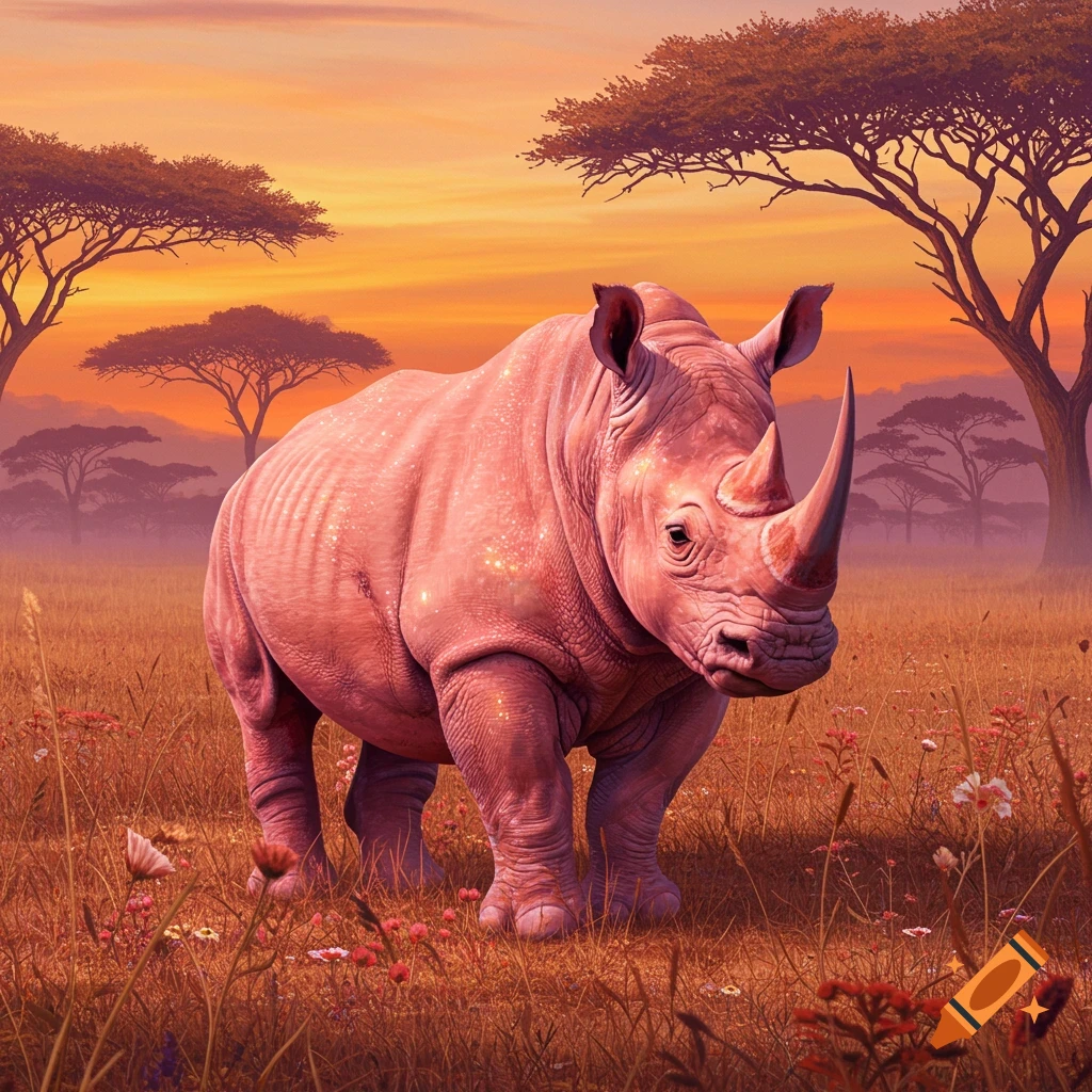 A pink rhinoceros stands in a grassy savanna field with trees under an orange sunset sky.