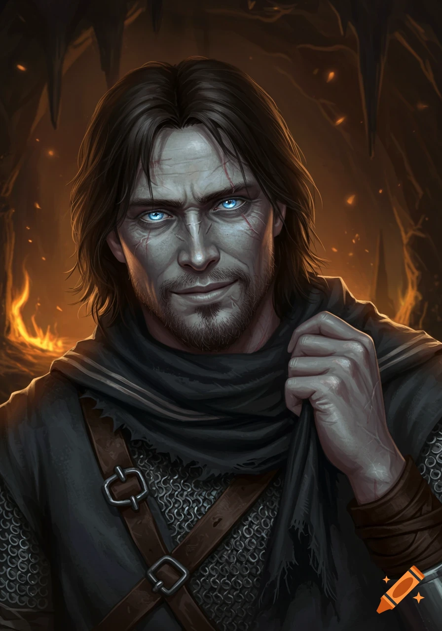 A portrait of a Nordic man with pallid grey skin, glowing blue eyes, scars, and a beard, wearing chainmail and a black scarf in a firelit cave.