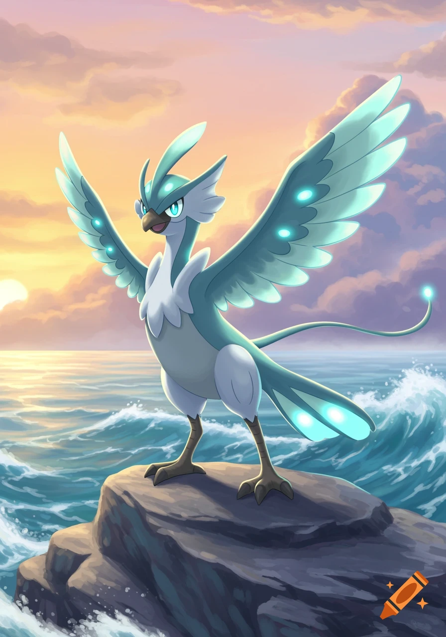A stylized blue and white bird-like creature, resembling a Pok u00e9mon, stands on a rock by the ocean at sunset.