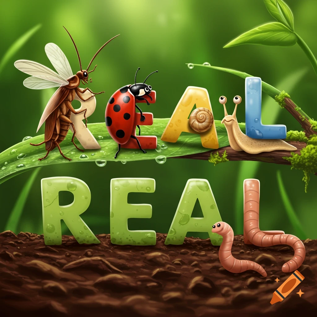 Cartoon insects, a snail, and a worm interact with the word "REAL" twice, one set on a leaf and one emerging from soil.