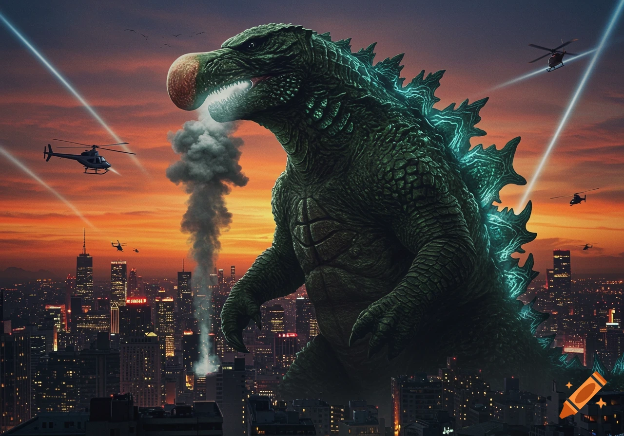 Giant green Godzilla-like monster with a large red nose stands over a city at sunset, surrounded by helicopters.