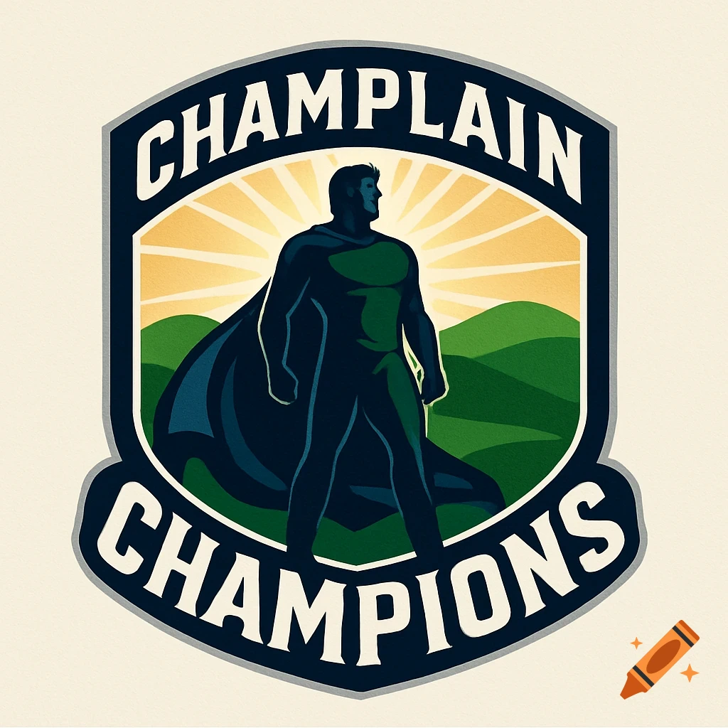 A sports logo featuring a superhero in a cape, mountains, and a sunburst. Text reads 'CHAMPLAIN CHAMPIONS'.