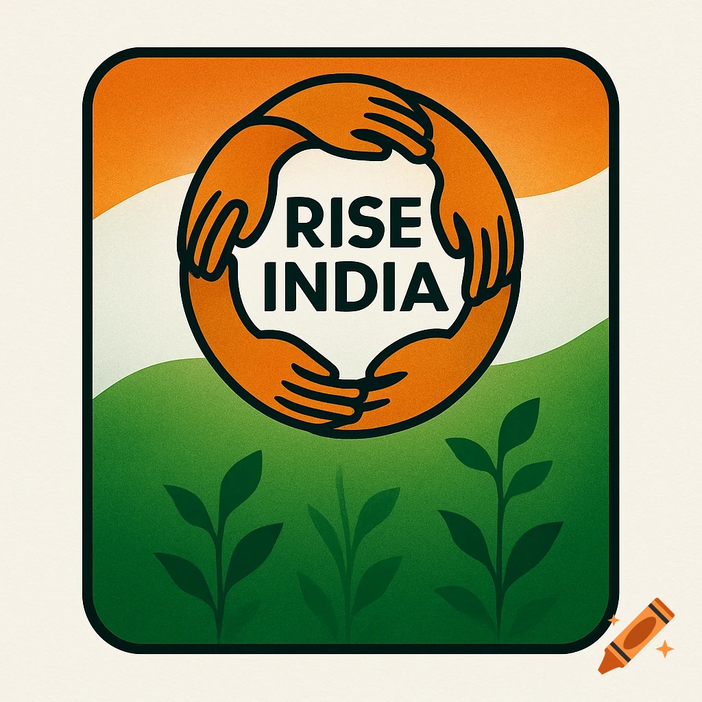 A stylized logo for Rise India, featuring hands forming a circle against an Indian flag background with green plant stems.